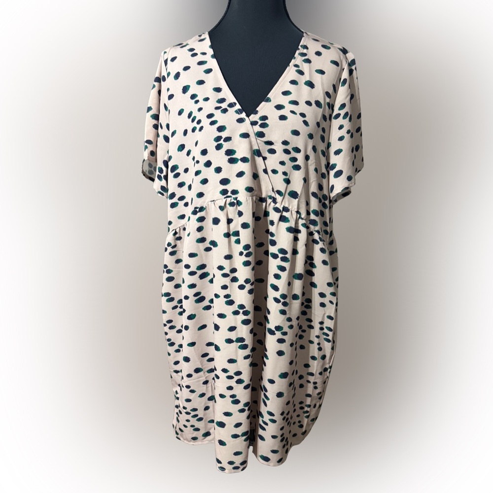Taupe Baby Doll Wrap Style With Navy and Green Polka Dot Mini Dress Size Large